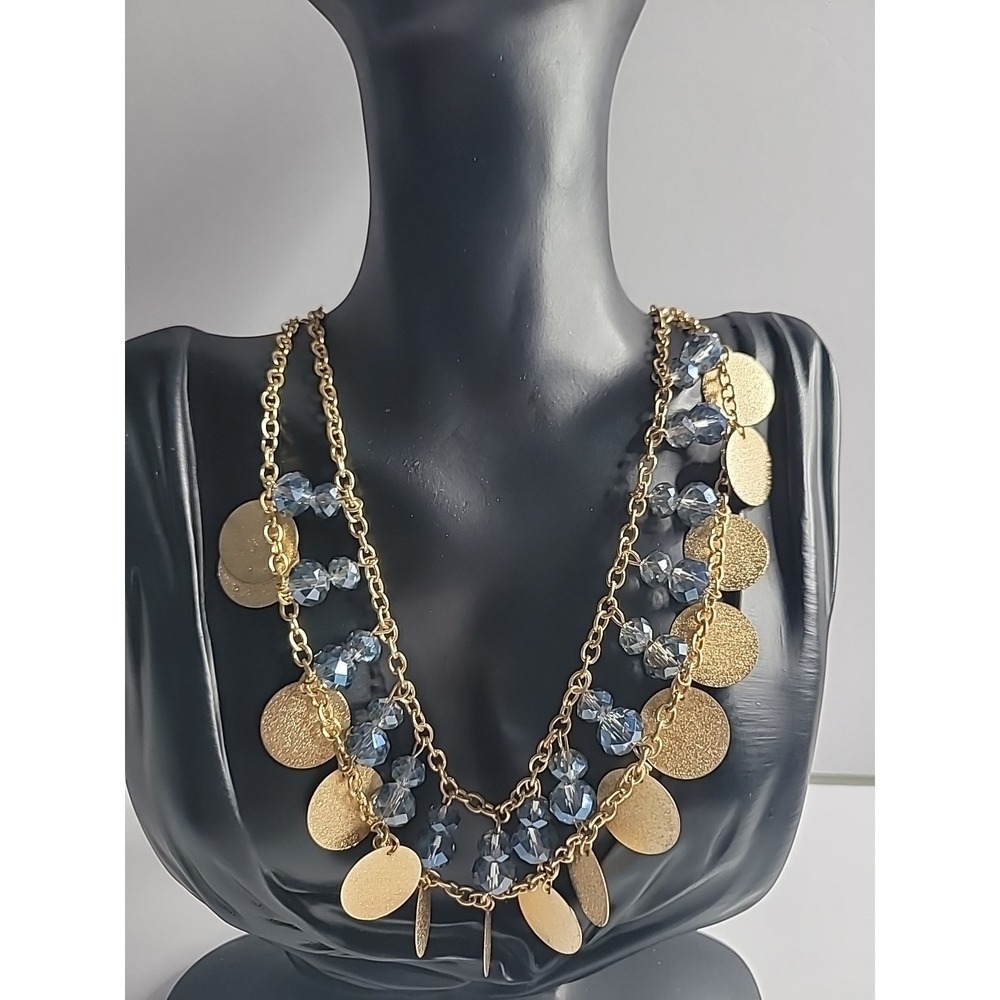 Gold Tone Bib Necklace Blue Faceted Beads Disc Fringe Statement Layered Necklace